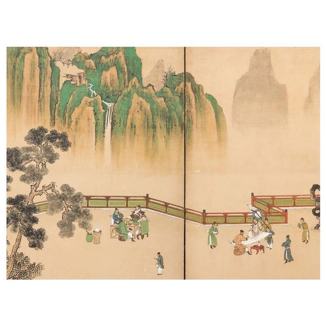 Early 20th Century Six Panel Japanese Byobu Style Watercolor and Fabric Screen For Sale - Image 4 of 5