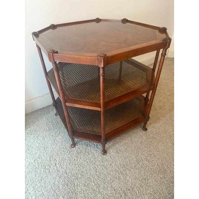 Hollywood Regency 1950s Baker Walnut/ Cane Octagonal Side Table. Top Has Bookmatched Finish. Original Finishes in Pristine Condition. For Sale - Image 3 of 6