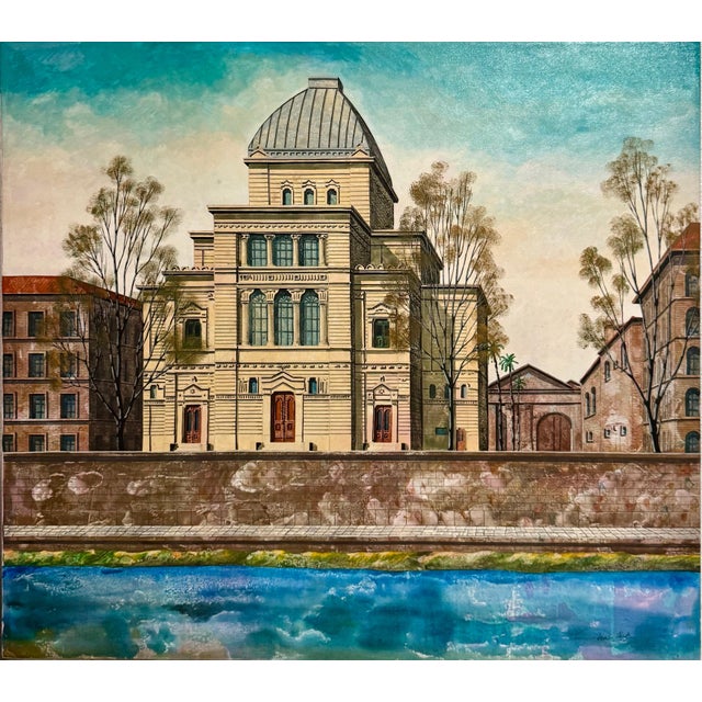 Tonino Caputo, Large Oil Painting Italian Synagogue Rome Antonio Caputo Architecture Judaica For Sale
