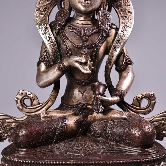 Metal Late 20th Century Nepalese Silver-Inlaid Bronze Vajrasattva Statue Buddhist Deity 8.7" For Sale - Image 7 of 9