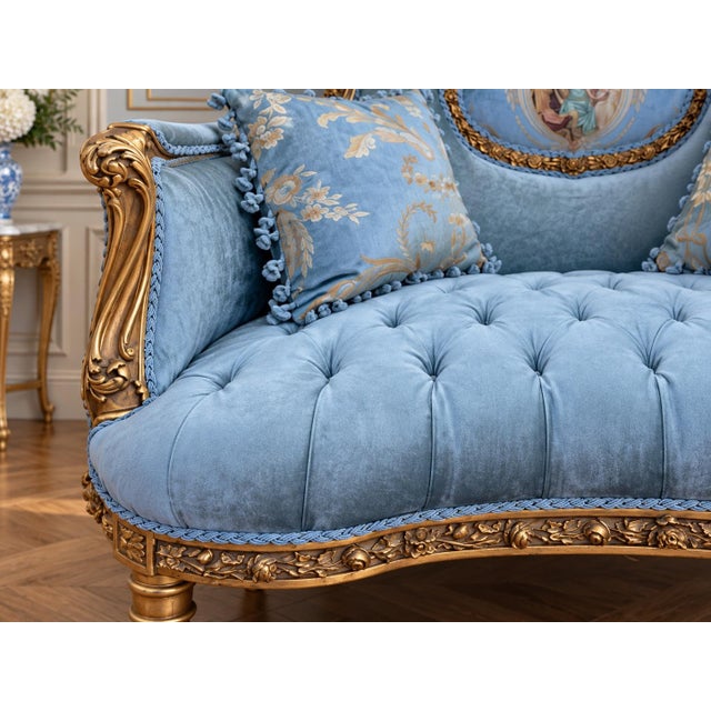 1920 French Artisan Louis XVI Gold Beech Velvet Settee For Sale - Image 4 of 11