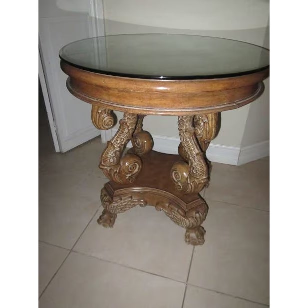 1970s Mondamin 29" Round Tall Solid Wood Pedestal End Table Glass Top Classic For Sale - Image 13 of 13