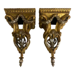 Pair of Mid 20th Century Ornate Heavy Plaster Wall Brackets / Sconces / Shelves With Gold and Silver Gilding