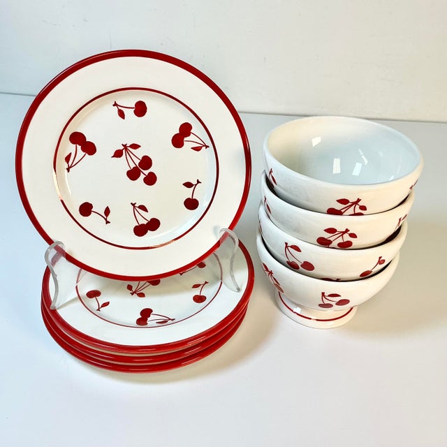 Vintage Art Deco Boho Chic Cherries Jubilee Luncheon Plates & Bowls - Set of 8 For Sale - Image 12 of 12