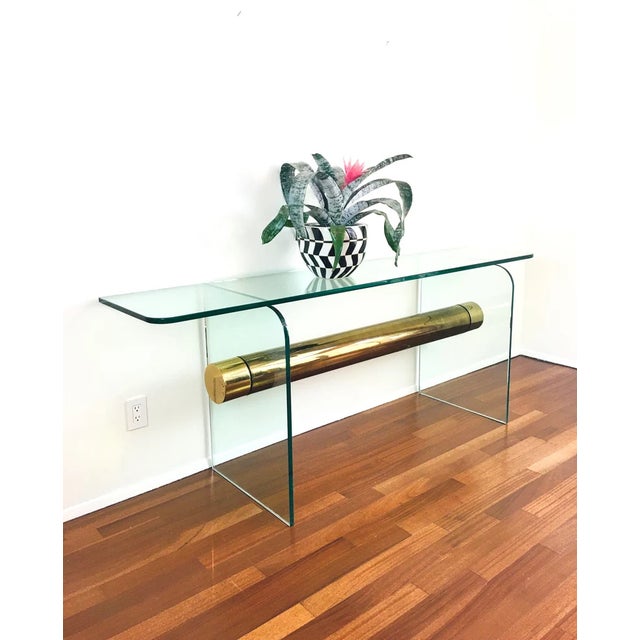 Pace Vintage 1970s Pace Glass Console Table With Suspended Brass Beam Mid Century Modern For Sale - Image 4 of 11