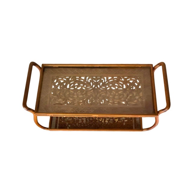 Brown Late 20th Century Tea Cart Hand-Carved Wood Floral Design With Glass Top Vintage Asian Style For Sale - Image 8 of 10