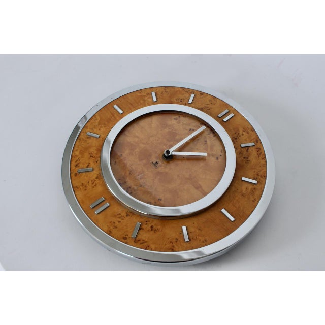 Mid 20th Century Tommaso Barbi Style Burled Elm & Chrome Hanging Wall Clock, Circa 1970 For Sale - Image 5 of 12