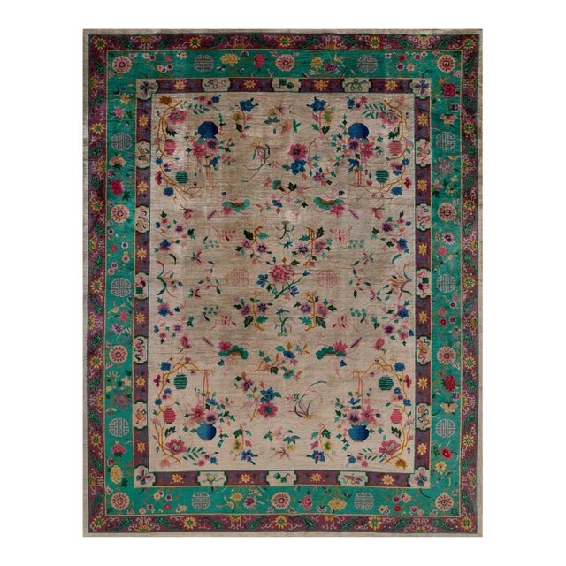 1920s Ivory Green Floral Modern Antique Chinese Art Deco Rug 9'2" X 11'7" Handknotted Wool Carpet For Sale