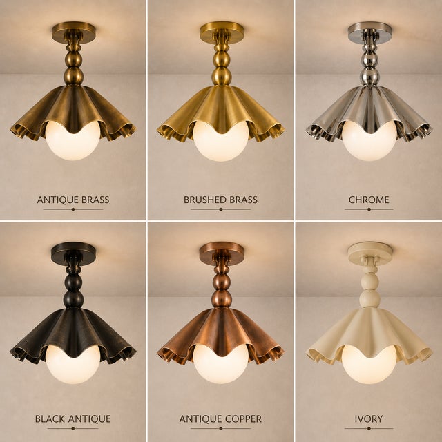 Handmade Brass Flower Flush Mount Light, Brass Ceiling Light, Vintage Floral Ceiling Fixture, Milk Glass Globe Lamp for Bedroom Hallway For Sale - Image 6 of 12