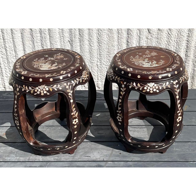 Mid 20th Century Vintage Asian Hardwood Inlay Low Stools - a Pair For Sale - Image 5 of 10