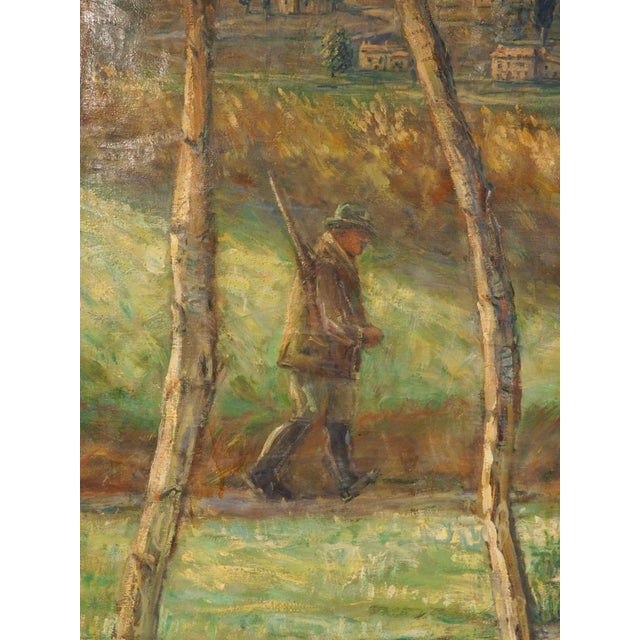 Large French Landscape Painting of a Hunter and Hillside Village, Signed and Dated 1962 For Sale - Image 12 of 12