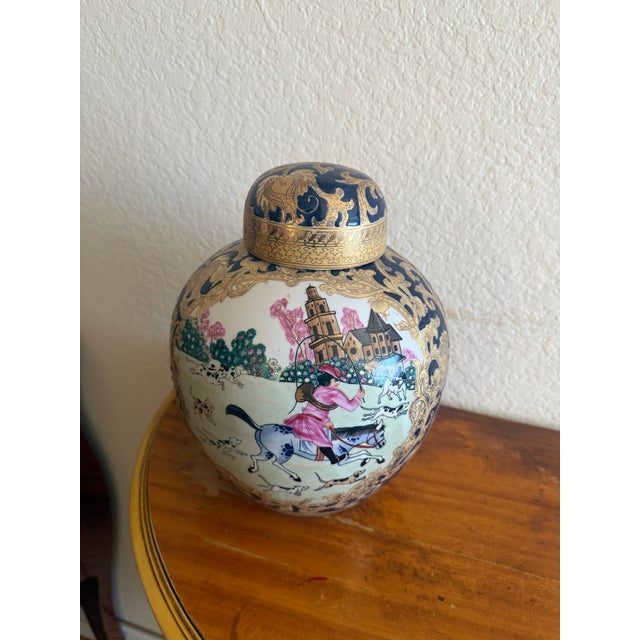 Art Nouveau Vintage Blue and Gold Porcelain Urns With Equestrian Hunt Scene (A Pair) For Sale - Image 3 of 9