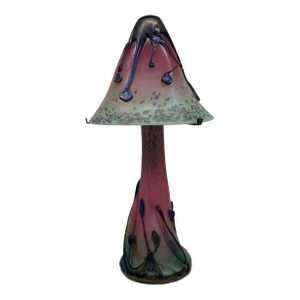 c.1997 Signed French Artist Michelle Luzoro Art Nouveau Glass Set Vase and Lamp Topper