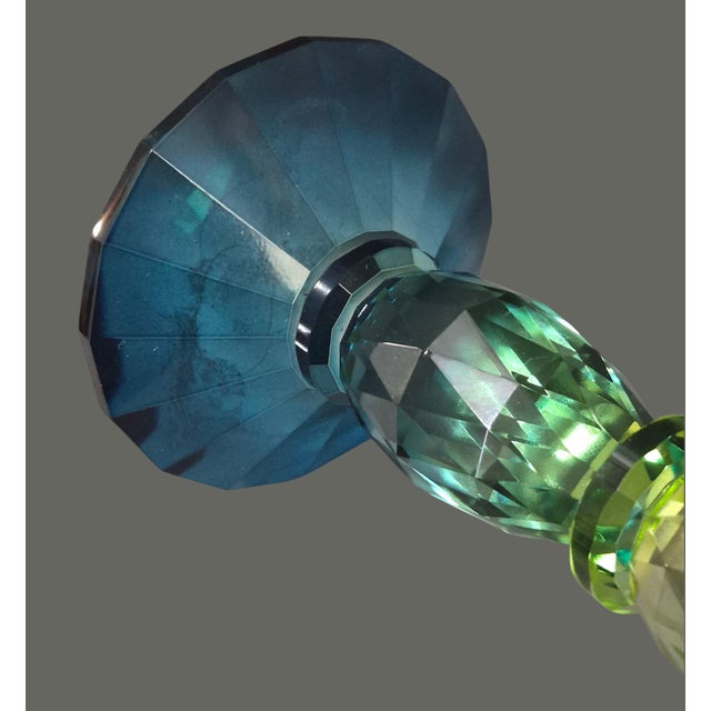 Elegant Pair Bohemian Crystal Green 3-Tone Candlesticks For Sale - Image 6 of 8