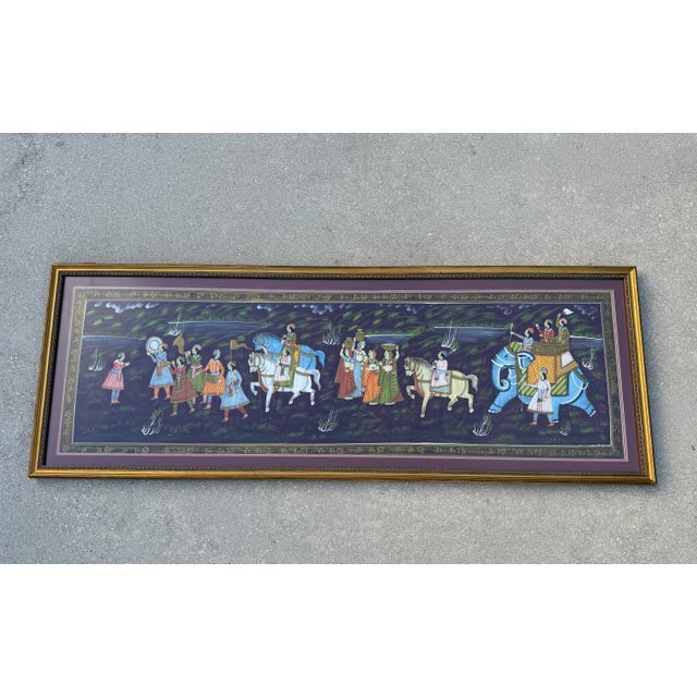 Vintage Monumental Indian Painted Textile Procession in Gilt Frame For Sale - Image 4 of 12