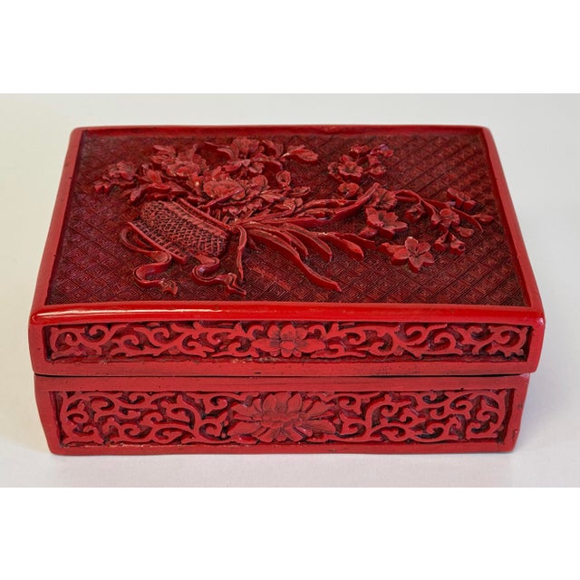 Vintage Chinese Hand-Carved Cinnabar Lacquer Box For Sale - Image 4 of 10