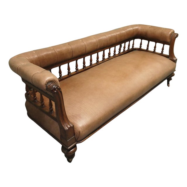 Long Victorian Open Arm Chaise in Leather For Sale