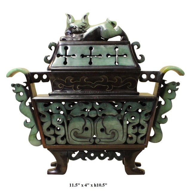 Chinese Stone Carved Green Rectangular Dragon Pixiu Incense Burner