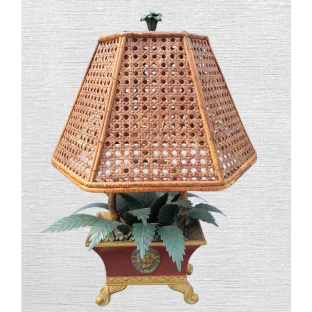 A sweet adorable tole cache potted plant table lamp with vintage wicker shade. The lamp features a very heavy weighted...