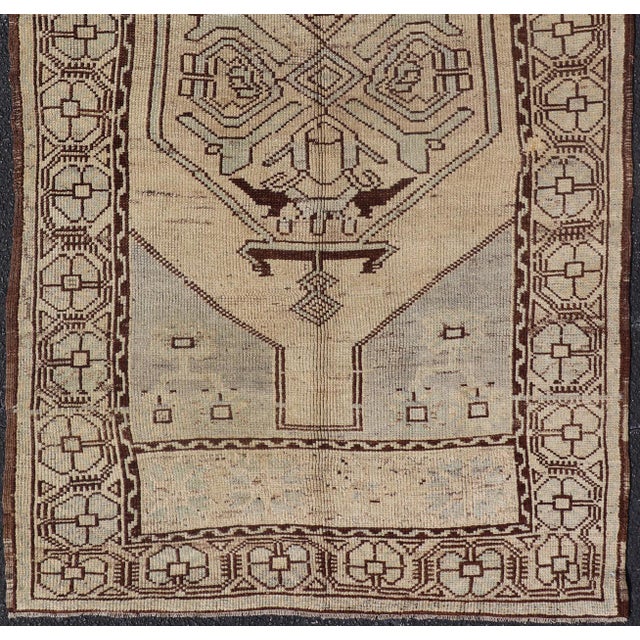 Mid 20th Century Geometric Tribal Vintage Turkish Oushak Rug in Brown Cream Light Blue and Tan For Sale In Atlanta - Image 6 of 13