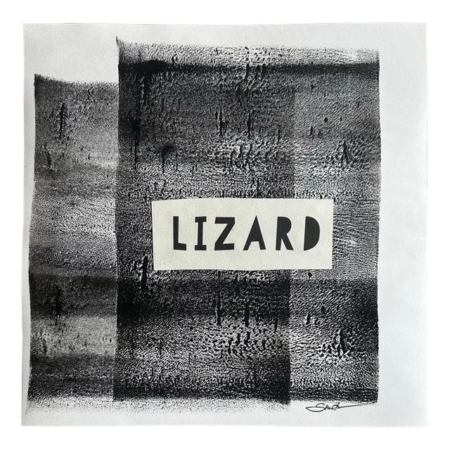 “Lizard” Minimalist Black & White Abstract Mixed Media Collage by Nancy Smith For Sale