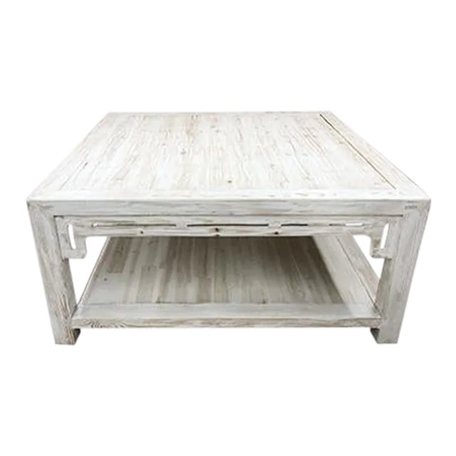 1990s Asian White Wash Square Coffee Table For Sale