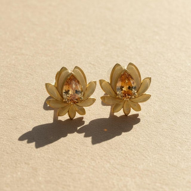 Sculptural Citrine Lotus Stud Earrings. Textured Lotus Flower Stud Earrings with Pear-Cut Citrines. Nature-Inspired...