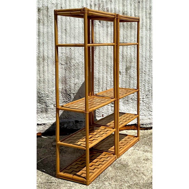 Vintage Coastal Parquet Rattan Etagere - a Pair For Sale In West Palm - Image 6 of 10