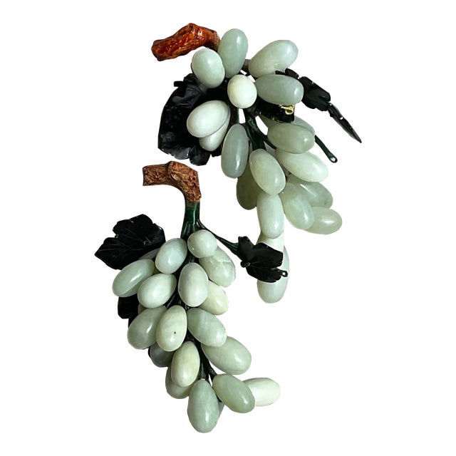 Vintage Carved Green Stone Grape Cluster Sculptures - A Pair For Sale