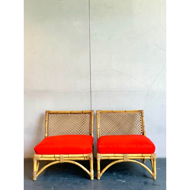 Vintage Coastal Trellis Rattan Slipper Chairs - A Pair For Sale In West Palm - Image 6 of 10