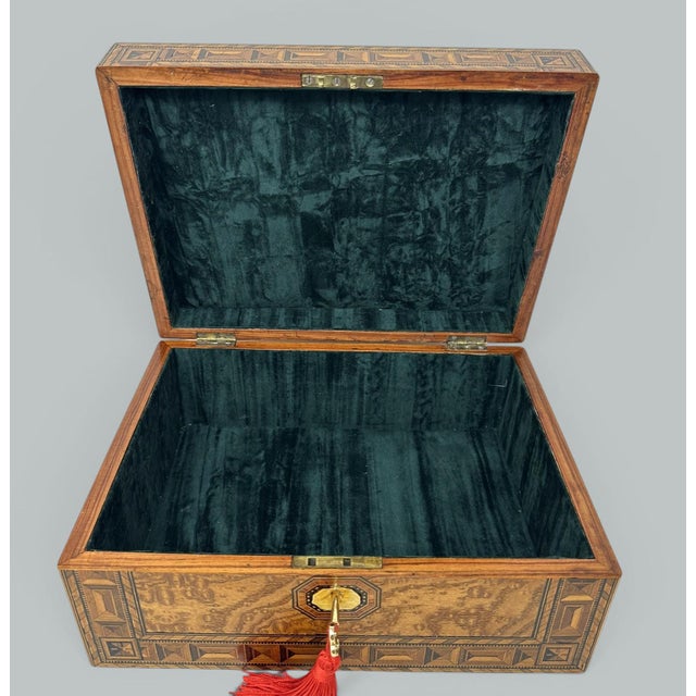 Wood Antique Vintage English Burl Walnut Wooden Marquetry Victorian Jewelry Box 19Ct For Sale - Image 7 of 12