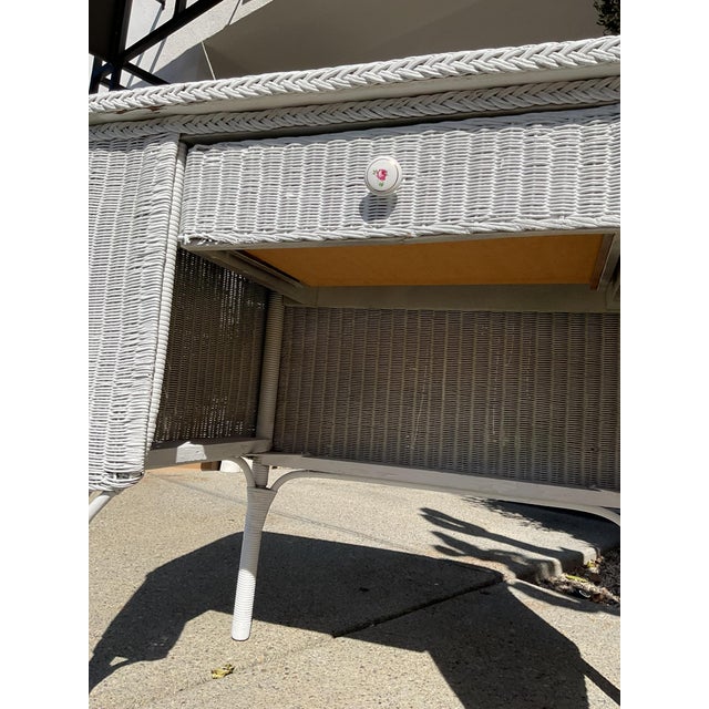 White Vintage White Wicker Writing Desk / Vanity Table With Drawer For Sale - Image 8 of 15
