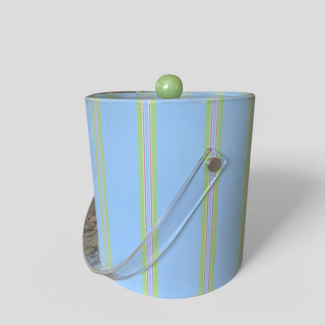 1990s Vintage Ticking Stripe Wrapped Ice Bucket With Lucite Handle and Tongs For Sale - Image 5 of 12