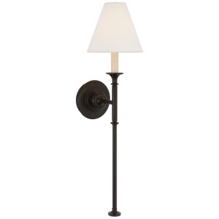 Thomas O'Brien for Visual Comfort Signature Piaf Large Tail Sconce in Aged Iron with Linen Shade For Sale