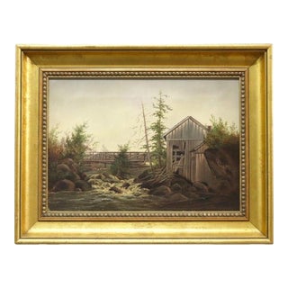 Antique Hudson River School Oil on Canvas Painting of a Mill Scene C1890 For Sale