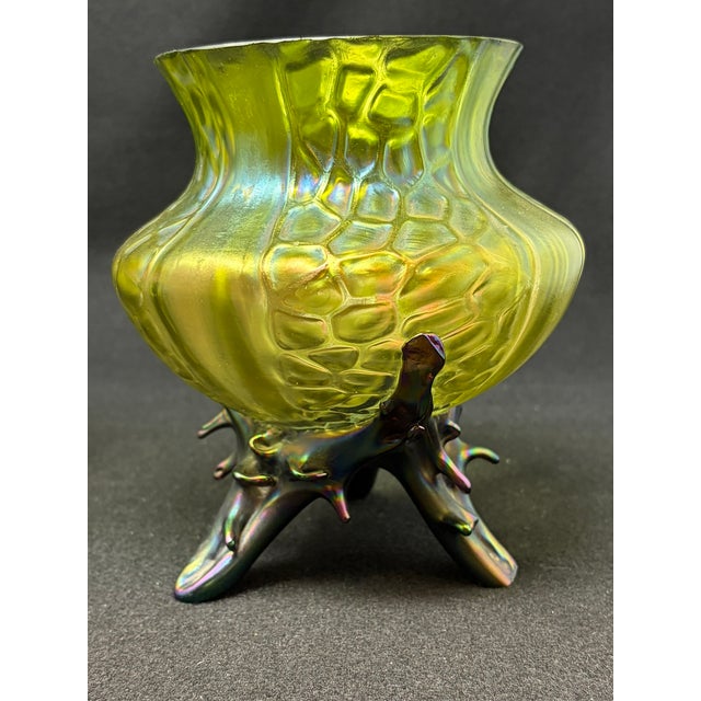 Bohemian Art Glass Kralik Honeycomb Vases, Pair Green iridescent honeycomb paneled vases, four panels each Applied organic...