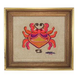 Framed Zodiac Cancer Crab Needlepoint, 1970's For Sale