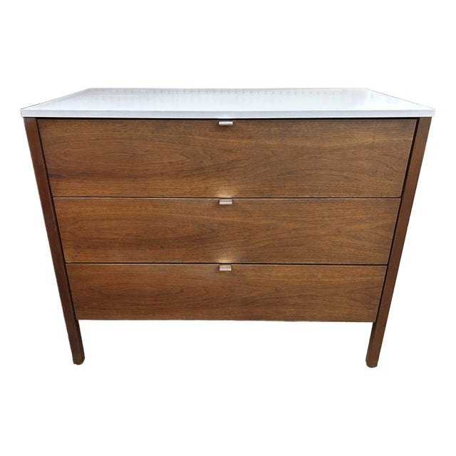 Florence Knoll Walnut + White Laminate 3 Drawer Chest C1960 For Sale