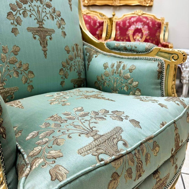 French Louis XV Bergère Wing Chair – Blue-Green Designer Damask With Gold Details For Sale In Miami - Image 6 of 8