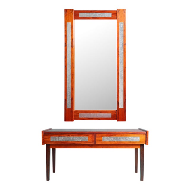 Rosewood Veneered Mirror and Console Table with Steel Metal Inserts from Pedersen & Hansen, 1960s, Set of 2 For Sale