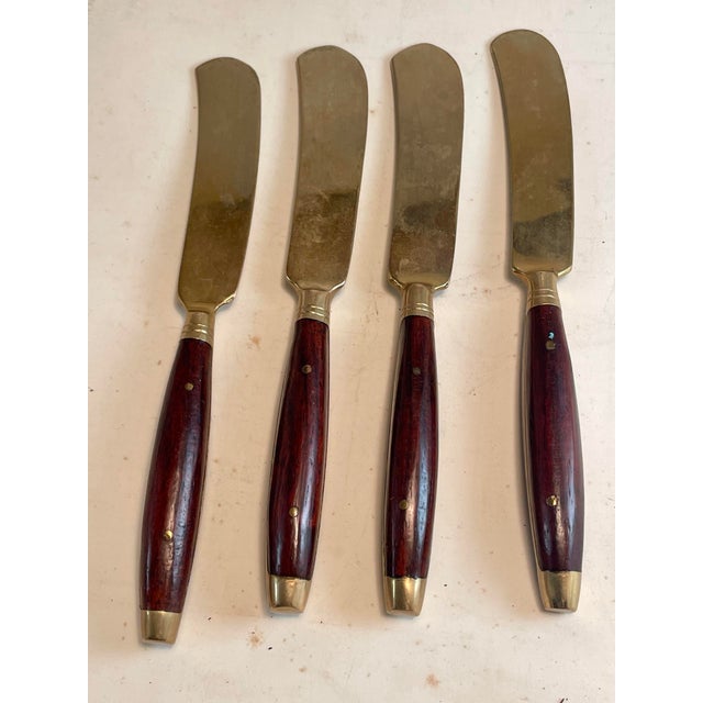 Mid-Century Modern Mid 20th Century Rosewood & Brass Individual Butter Cream Desert Knives Set of 4 For Sale - Image 3 of 9
