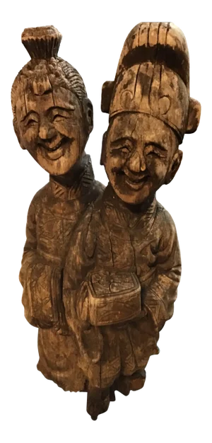 Wood Sculpture Hand Carved Figurines Asian Wood Carved Weathered Figurine Aged Weathered Asian 1950s Sculpture Wooden Hand Carved Couple Figurine