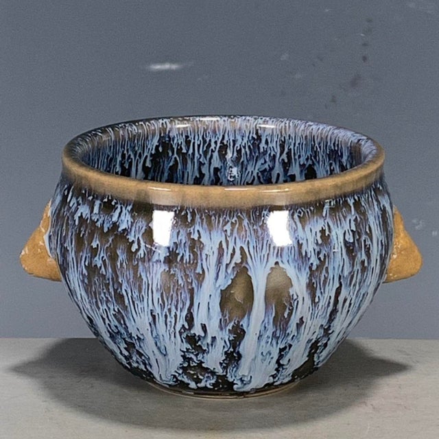 Late 20th Century Chinese Jun Ware Style Flambe Glaze Porcelain Tea Cup With Handles For Sale - Image 4 of 9