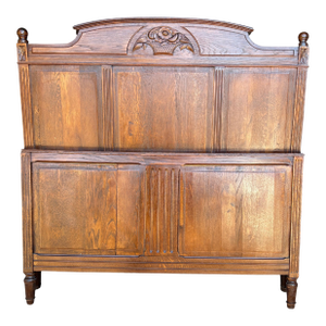 Antique Solid Oak 55'' Wide Panel Bed With Matching Rails & Carved Floral Headboard & Footboard