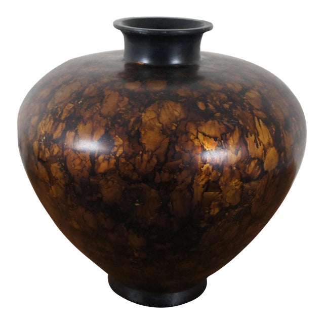 Late 20th Century Adelina Mottled Marbled Gold Amber Brown Bulbous Vase Urn Centerpiece For Sale