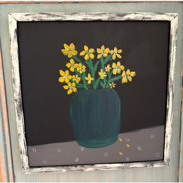 Textile Rustic Whimsical Framed Flowers in a Vase Artisan Painting For Sale - Image 7 of 9