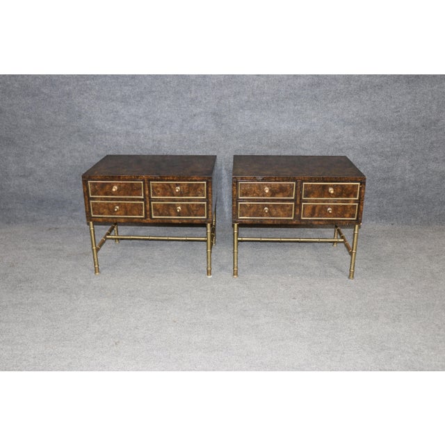 1950s Pair of Regency Style Burl Wood & Brass Nightstands by Mastercraft For Sale - Image 5 of 13