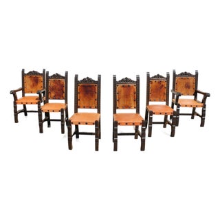 Set of 6 Spanish Revival Carved Wood & Tan Leather Dining Chairs For Sale