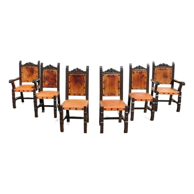 Set of 6 Spanish Revival Carved Wood & Tan Leather Dining Chairs For Sale