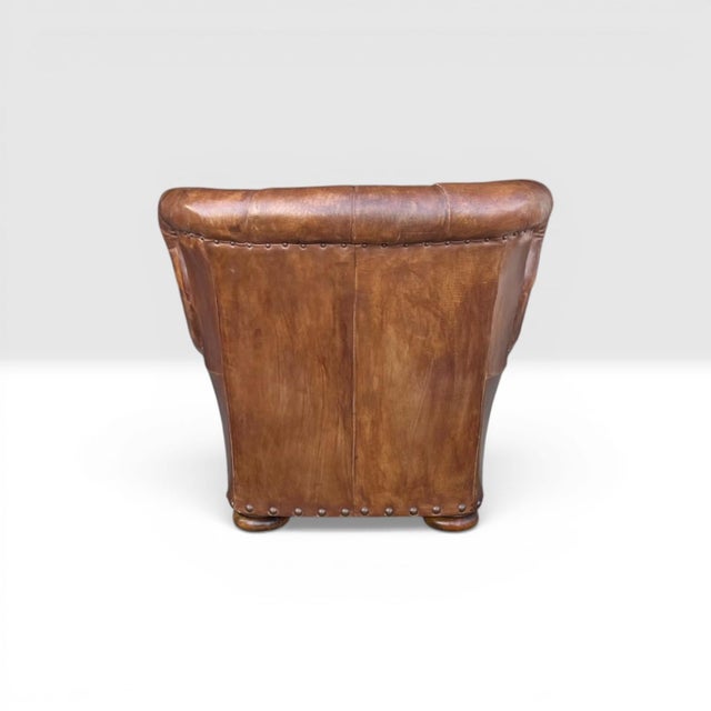 1990s English Churchill Leather Armchair With Rolled Arms & Brass Nailhead Trim For Sale - Image 4 of 12